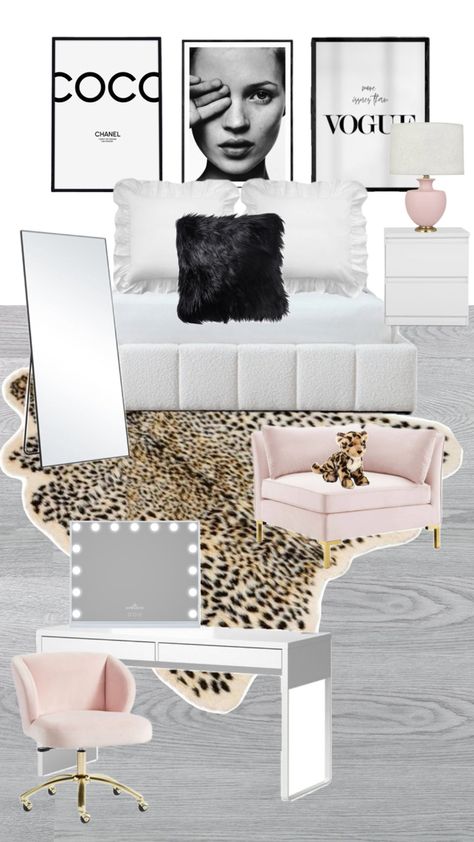 Leopard print Bedroom Room Decor Pink Navy White Cool Cute Navy And Leopard Bedroom, Pink Leopard Room Ideas Bedrooms, Animal Print Room Aesthetic, Bedroom Ideas Animal Print, Bedroom Ideas Leopard Print, Black White Pink And Gold Bedroom, Light Pink And Cheetah Bedroom, Dorm Black And White, Vogue Room Ideas