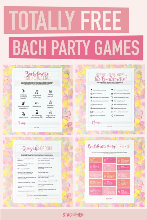 Looking for some affordable bachelorette party games and activities for your bestie's final fling? Look no further! We offer fun and free bachelorette party games like Bachelorette Party Scavenger Hunts, Bachelorette Party Photo Challenges, Bachelorette Party Bride Triva and more! Simply download your favorite and print out at home. And YEP - they really are free!  Stag  Hen also offers over 200 cute and classy bachelorette party supplies for an unforgettable weekend. Bridesmaid Party Games, Bach Party Planning Checklist, Bachelorette Printables Free, Ice Breaker Games For Bachelorette Party, Bachelorette Party Quiz For Bride, Bachelorette Party Diy Games, Bachlorette Party Scavenger Hunt Funny, Bachelor Party Games For Bride, Hen Party Photo Challenge