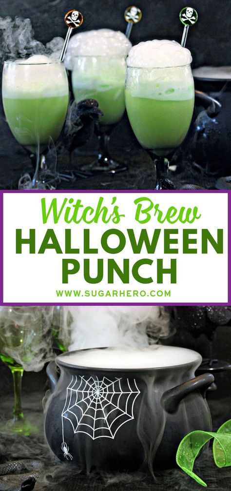 Witch's Brew Halloween Punch - this is a spooky, sparkling lime punch the whole family will love! #sugarhero #halloweenpunch #halloweendrink Witches Brew Recipe, Witch Brew Punch, Witch Brew Recipe, Punch Halloween, Halloween Punch Recipes, Pasteles Halloween, Halloween Party Drinks, Halloween Witches Brew, Halloween Drinks Alcohol