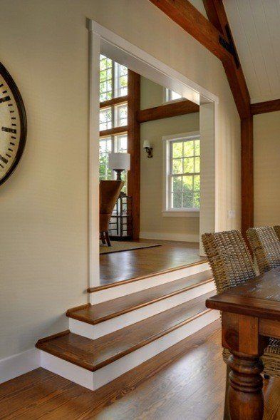 Yankee Barn Homes East Hampton Contemporary Barn Home Garage Conversion To Family Room, Post And Beam Barn Homes, Yankee Barn Homes, Garage To Living Space, Barn Homes Floor Plans, Family Room Addition, Contemporary Barn, Family Dining Rooms, Sunken Living Room