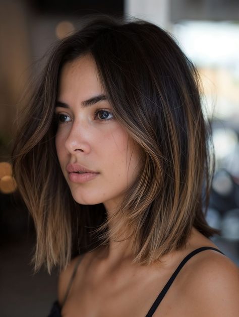 ago Medium Hair Styles Highlights, Short Hair Dark Balayage Brunettes, Highlight Brown Short Hair, Shoulder Length Hair Highlights Balayage, Darker Short Hair, Balayage Highlights Brunette Short Hair, Balayage With Short Hair, Brown Highlights For Short Hair, Dark Brown Balayage Shoulder Length