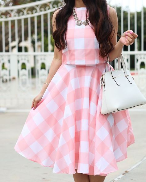 Pink Check Crop Top and Skirt Set, Easter outfit idea, pink gingham skirt. spring outfit idea, what to wear for Easter, petite fashion blog - click the photo for outfit details! Skirt And Top Outfits, Crop Top Skirt Set, Top And Skirt Set, Skirt And Top Set, Trendy Fashion Tops, Top Skirt Set, Classy Dress Outfits, Frock Design, Stylish Dress Designs