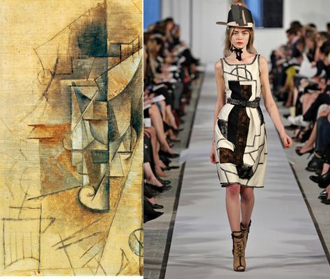 Cubism in fashion -- This Oscar de la Renta Restory 2012 dress uses Pablo Picasso's 'Le Verre' as the inspiration for this print. Cubism Fashion, 2012 Dress, Fashion Terminology, Cubism Art, Fashion Forecasting, History Fashion, Illustration Fashion Design, Fashion Now, Fashion Project