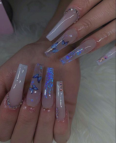 Blue Butterfly Nails, Irridescent Nails, Cinderella Nails, Sparkly Acrylic Nails, Quince Nails, Quinceanera Nails, Butterfly Nail Designs, Blue Glitter Nails, Purple Acrylic Nails