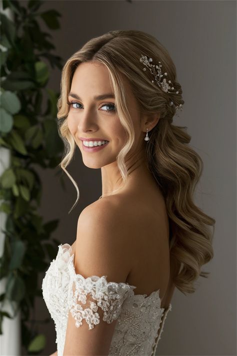 This stunning bridal half up half down hair design creates a harmonious blend of elegance and romance. The intricate twists and soft waves beautifully frame the face while allowing long locks to cascade down, perfect for any bride. Ideal for showcasing delicate hair accessories, this hairstyle enhances the overall bridal look with timeless grace. Discover how to make your special day unforgettable! Wedding Hairstyles Half Up Half Down With Headpiece, Natural Bridal Hairstyles For Long Hair, Bridal Hair With Jewels, Bride Hair Styles Half Up Half Down, Face Framing Hairstyles Wedding, Down Wedding Hairstyles With Headpiece, Bride Hair Waves, Bridal Hair Timeless, Volumous Bridal Hair