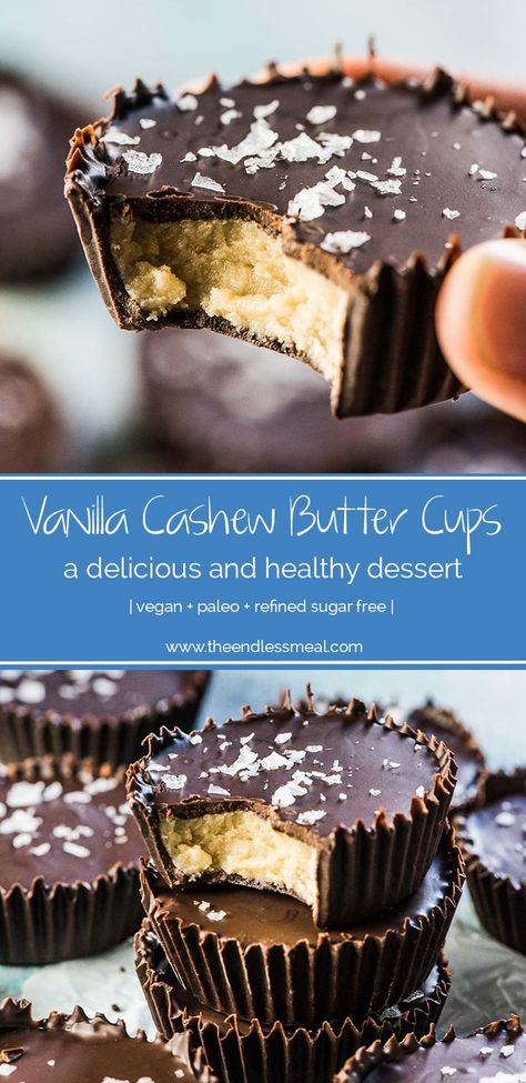 SAVE FOR LATER! | Vanilla Cashew Butter Cups for the big-time healthy dessert win! This delicious spin-off of peanut butter cups are as decadent as the original but filled with only 5 ingredients and they're all good for you. | vegan   paleo   refined sugar-free | #theendlessmeal #cashewbuttercups #peanutbuttercups #almondbuttercups #cashewbutter #paleo #vegan #refinedsugarfree #dessert #snack #healthydessert #vegandessert #paleodessert Cashew Butter Recipe Desserts, Cashew Butter Cups, Cashew Butter Dessert, Recipes With Cashew Butter, Cashew Desserts, Cashew Butter Recipe, Vegan Candies, Healthy Vegan Desserts, Paleo Vegan