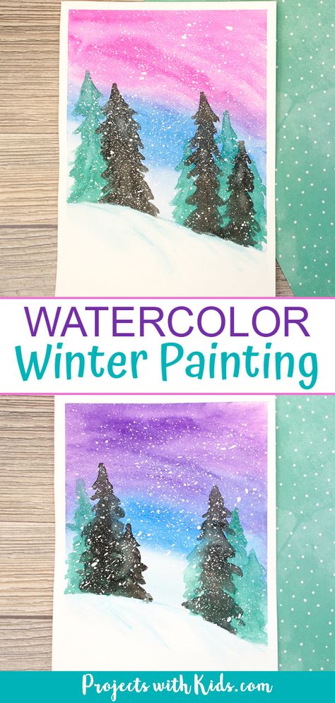 This simple winter watercolor art project is stunning and a great painting idea for older kids and tweens! A fun winter project with an easy to follow tutorial. #projectswithkids #winterart #kidsart #watercolorpainting Winter Art For Kids, January Art, Winter Art Lesson, Christmas Art Projects, Winter Art Projects, 4th Grade Art, Kids Watercolor, Winter Watercolor, Winter Project