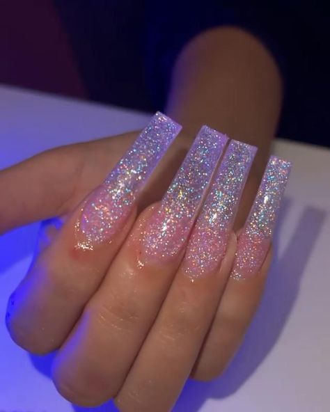 Glittery Long Nails, Baddie Glitter Nails, Acrylic Nails Clear Glitter, Long Acrylic Nails Clear, Long Acrylic Nails Glitter, Long Glitter Acrylic Nails, Sparkly Nails Coffin, Long Sparkly Nails, Nails Clear Glitter