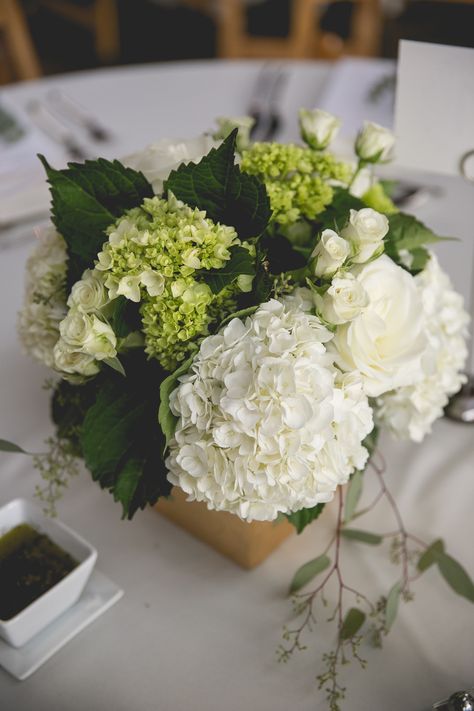 Green and white hydrangea with seeded eucalyptus and spray rose filler. Flowers by Regalo Design. Eucalyptus Wedding Centerpiece, Cheap Wedding Table Centerpieces, Tafel Decor, Parents Wedding, Wedding Floral Centerpieces, Green Hydrangea, Wedding Table Flowers, Eucalyptus Wedding, Flower Centerpieces Wedding