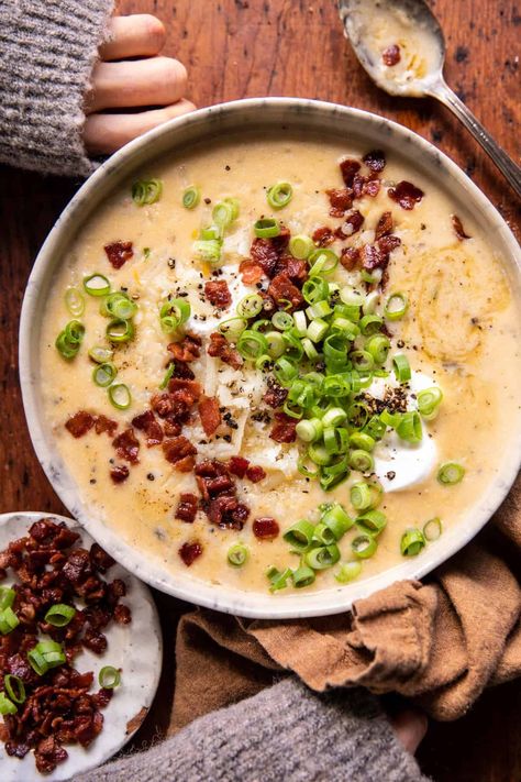 Smokey Potato Soup, Vegetarian Loaded Baked Potato Soup, Healthier Potato Soup, Early Fall Dinner Recipes, Spicy Baked Potato Soup, Soups For Christmas Dinner, Healthy Baked Potato Soup, Sunday Night Dinner Ideas, Half Baked Harvest Recipes