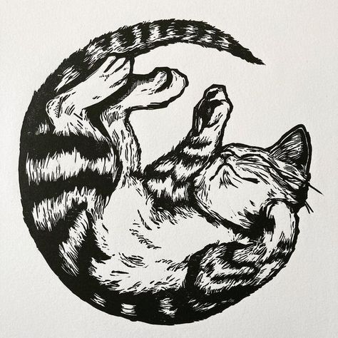 Cat Engraving Illustration, Woodcut Cat Tattoo, Loaf Cat Tattoo, Cat Related Tattoos, Striped Cat Tattoo, Lino Print Cat, Cat Printmaking, Cat Lino Print, Two Cats Drawing