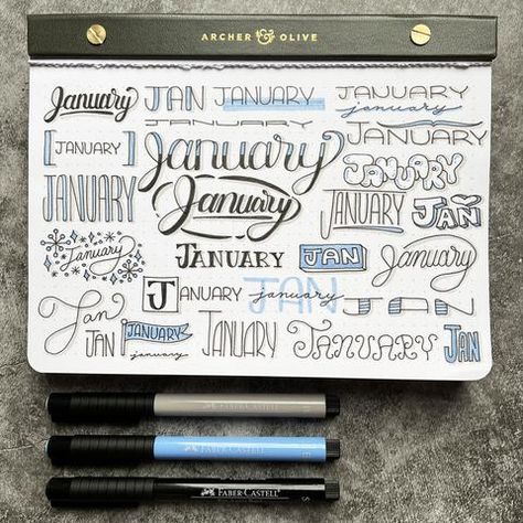 Ways To Write January, Different Ways To Write, Lettering Examples, January Lettering, Bullet Journal Lettering, January Writing, Fun Lettering, Bullet Journal Titles, March Bullet Journal