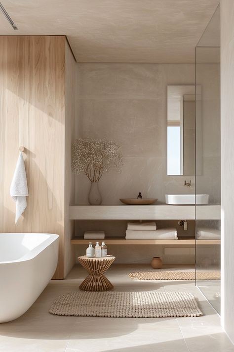 Bathroom Inspiration Neutral, Nordic Style Bathroom Design, Light Airy Bathroom Ideas, Different Bathroom Aesthetics, Organic Minimalist Bathroom, Modern Oak Bathroom, Interesting Bathroom Ideas, Natural Color Bathroom Ideas, Minimalistic Bathroom Design