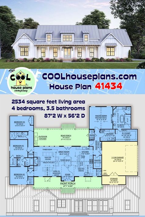 Ranch Farmhouse Plan 41434 has 2,534 square feet of open living space inside. Large families will build this home because it has 4 bedrooms and great outdoor living space. The rear porch measures 34’4 wide by 12′ deep, and it includes an outdoor kitchen. Picture-perfect Farmhouse Style curb appeal makes this new construction fit into any new development. We love the clean white siding, shiny metal roof, and inviting front covered porch. #COOLhouseplans #farmhouse #houseplans #OpenFloorPlans Farmhouse Houseplans, Ranch Farmhouse Plans, Ranch Farmhouse, White Siding, Craftsman Farmhouse, Large Families, Open Living, Outdoor Kitchen Design Layout, Farmhouse Style House Plans