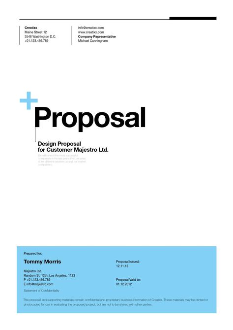 Suisse Design Proposal Template Minimal and Professional Project Proposal template for creative businesses, created in Adobe InDesign and MS Word, it comes with 4 color variations (black, light blue, red and orange) and two paper sizes including US Letter and International A4. Business Proposal Cover Page, Business Paper Design, Business Cover Page, Proposal Cover Design, Business Proposal Design, Design Proposal Template, Title Page Template, Website Proposal, Web Design Proposal