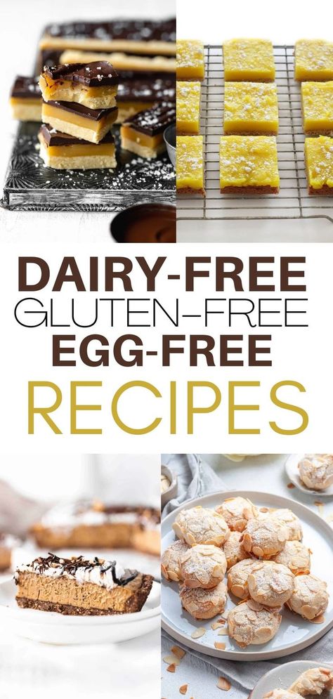 Millionaire bars, dairy-free lemon bars, vegan cookies, vegan pie Gluten Free Egg Free Desserts, Egg Free Snacks, Gluten Free Dinner Ideas, Corn Free Recipes, Egg Free Baking, Dairy Free Recipes Dessert, Dairy Free Recipes Dinner, Allergen Free Recipes, Soy Free Recipes