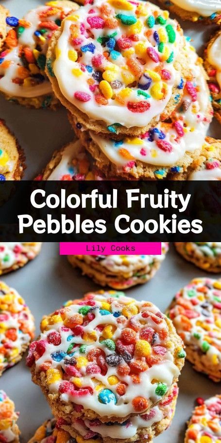 Bright & Chewy Fruity Pebbles Cookies Recipe | Colorful Treats for All Ages Delight in these vibrant Fruity Pebbles Cookies! Packed with colorful cereal and white chocolate chips, they're crisp on the edges with a chewy center. Perfect for parties or nostalgic snacking, these cookies are sure to please both kids and adults. Bake them in just 27 minutes! #FruityPebblesCookies #ColorfulCookies Rainbow Cookie Recipe, Fruity Pebbles Cookies, Fruity Pebble Cookies, Rainbow Cookies Recipe, Cereal Flavors, Fruity Pebble, Classic Cookies Recipes, Rainbow Cookies, Fruity Pebbles