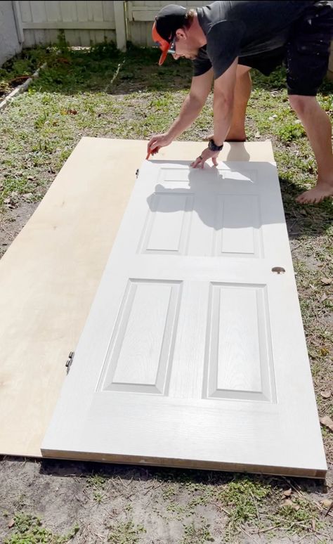 Cheap and Easy DIY Farmhouse Door - Beauty Within Home How To Make Cheap Doors Look Expensive, Change Doors In House, Refurbish Old Interior Doors, Craft Door Ideas, Farmhouse Entrance Door, Door Paneling Diy, Plywood Door Makeover, Beadboard Door Makeover, Inside Door Makeover