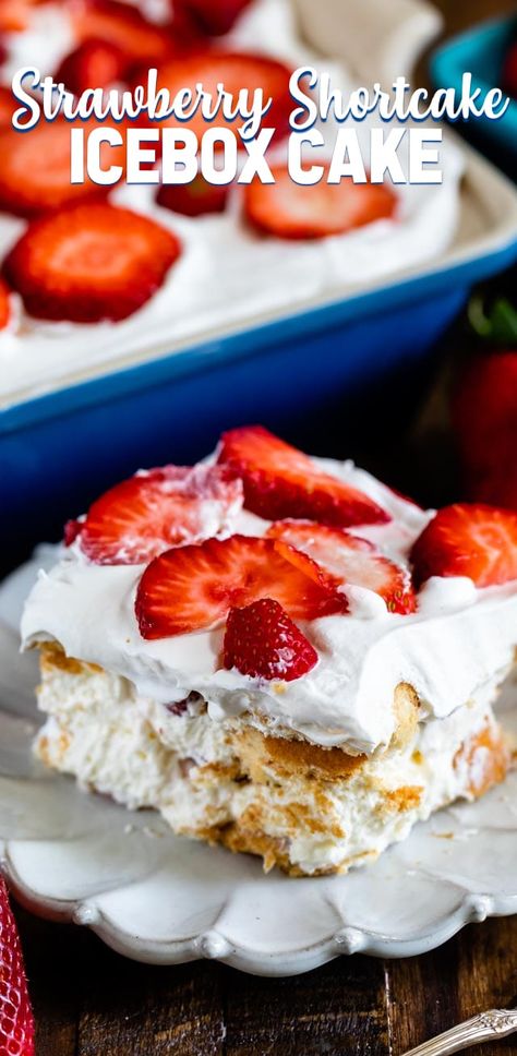 Strawberry Shortcake Icebox Cake is a simple no bake dessert made with strawberries, Nilla Wafers, and whipped cream. This easy layered dessert lasagna is the perfect summer potluck recipe! #easy #recipe #whippedcream #delish Shortcake Recipes, Dessert Lasagna, Icebox Cakes, Crisp Recipes, Strawberry Icebox Cake, Strawberry Shortcake Cheesecake, Easy Strawberry Shortcake, Layered Dessert, Summer Potluck