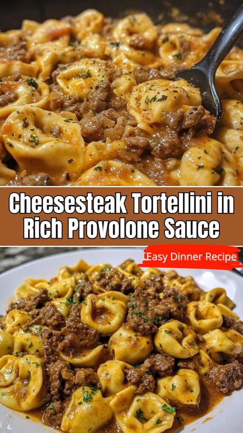 Cheap Easy Dinners For Family Budget, Easy Big Dinners, Cheesesteak Tortellini In Rich Provolone, Easy Weeknight Dinners Healthy Crockpot, Cheese Steak Tortellini With Provolone Sauce, Cheesestake Tortellini, Tortellini Cheesesteak, Philly Cheese Tortellini, Tortellini Sauce Recipes Easy