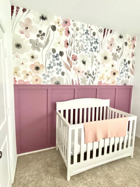 Purple Board And Batten Nursery, Pink Board And Batten With Wallpaper, Board And Batten Toddler Girl Room, Board And Batten Wall Girls Room, Toddler Girl Room Accent Wall, Toddler Girl Bedroom Accent Wall, Board And Batten Wall Nursery Girl, Purple Board And Batten, Pink Board And Batten Wall Nursery