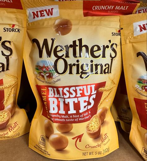 Werther’s original caramel blissful bites crunchy malt Werthers Original, New Flavour, Grocery List, Grocery Shop, Grocery Shopping, Food Items, Taste Buds, Aesthetic Food, New Recipes