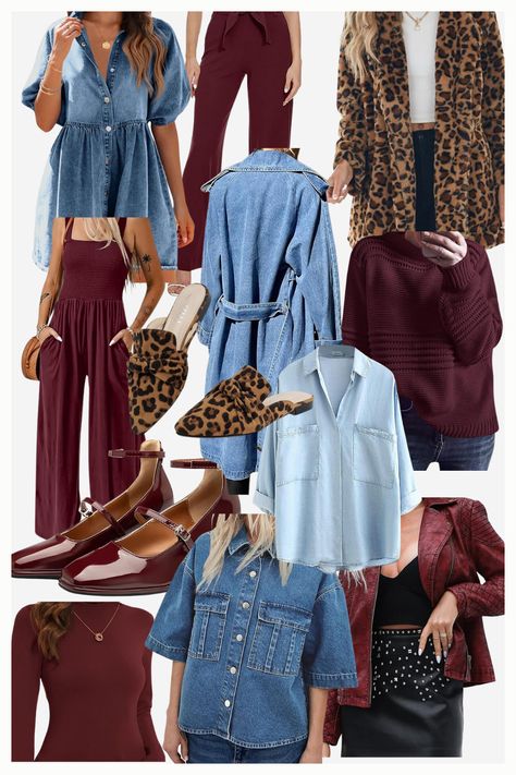 Step into fall 2024 with the season’s hottest fashion trends! This collection features must-have pieces in denim, rich burgundy, and bold leopard prints. From cozy oversized sweaters and chic jumpsuits to statement outerwear and stylish footwear, these trends are perfect for creating effortlessly stylish fall looks. #FallFashion2024 #Denim #Burgundy #LeopardPrint #FallOutfits  as an amazon affiliate, I earn commission from eligible purchases. Fashion Trends Fall 24/25, Trending Colors 2024 Clothes, Colorful Fall Outfits 2024, Denim And Burgundy Outfit, Burgundy Fashion 2024, Trend Fall 2024, 2024 Colors Trend, Fashion Autumn 2024 Trends, Trend 2024 2025 Fashion Winter Outfit