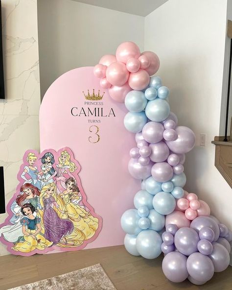 Simple Princess Backdrop Ideas, Princess Garland Balloons, Pastel Color Princess Party, Princesses Birthday Party Decorations, Princess Theme Balloon Arch, Simple Princess Birthday Decorations, Disney Princess Birthday Balloon Arch, Princess Theme Birthday Backdrop, Princess Backdrop Birthday