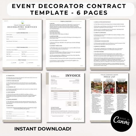 Streamline your event decorating business with our Event Decorating Services Contract Template. This customizable template simplifies the agreement process, ensuring clear communication and legal protection. Covering essential clauses such as scope of work, payments, liability, and more, this template helps you establish strong client relationships, reduce misunderstandings, and elevate your professionalism. 📝✨ Event Decorating Business, Decorating Business, Scope Of Work, Event Decorating, Price List Template, Contract Agreement, Clear Communication, Contract Template, Invoice Template