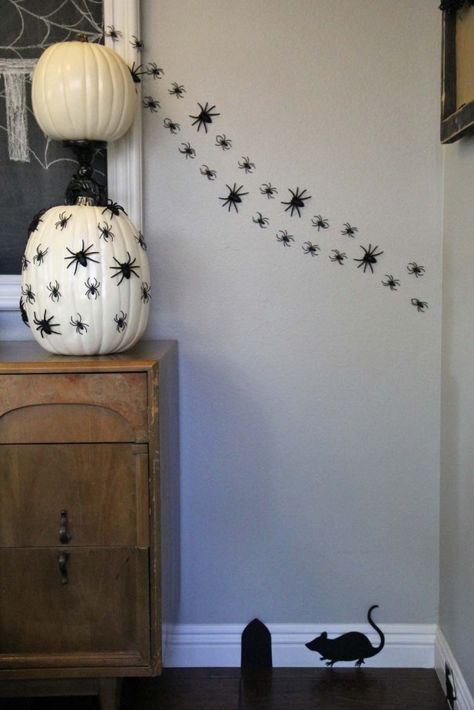 halloween spider wall and pumpkin Spider Wall Decor Halloween, Spider Wall Halloween, Spider On Wall Halloween Decorations, Spiders On Wall Halloween, Kids Pumpkin Decorating, Window Halloween Decor, Halloween Bbq, Creepy Halloween Decorations Diy, Halloween Scenes