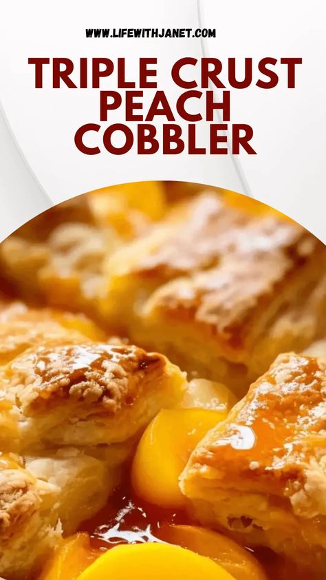 Indulge in a peach cobbler like no other! Three layers of crust ensure every bite is bursting with flavor and texture. Peach Cobbler With Shortbread Crust, Peach Cobbler Extra Crust, Double Crust Peach Cobbler Recipe, Triple Crust Peach Cobbler, Cobbler Crust Recipe, Double Crust Peach Cobbler, Cobblers Recipes, Peach Cobbler Crust, Peach Cobbler Crisp