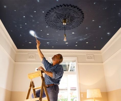 Paint Night Sky, Starry Ceiling, Sky Nursery, Ceiling Paint, Sky Ceiling, Night Sky Painting, Star Ceiling, Ceiling Murals, Diy Ceiling