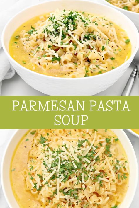 Parmesan Pasta Soup ~ Ditalini pasta in a rich and savory parmesan broth. Ready and on the table in under 30 minutes! Parmesan Ditalini Soup, Soup Recipes Ditalini, Pasta Winter Recipes, Pasta In Soup, Pasta Recipes With Chicken Broth, Parmesan Soup Pasta, Ditalini Pasta Soup Recipes, Soup Using Ditalini Pasta, Cozy Pasta Parmesan Soup