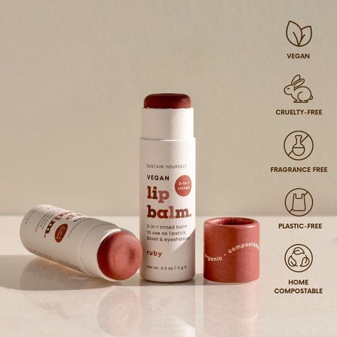 Vegan 3-in-1 Tinted Lip Balm - single Tinted Lip Balm Set, Sugar Tinted Lip Balm, Chapstick Product Photography, Lip Balm Packaging Design, Lip Balm Photography, Balm Photography, Lip Balm Design, Lips Balm, Lip Balm Packaging