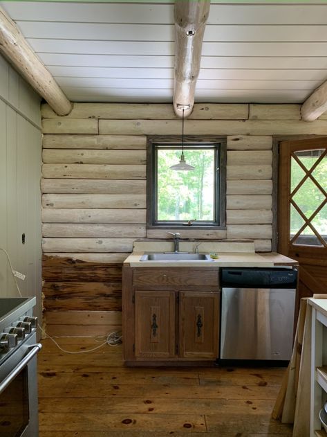 Log Cabin Makeover, Lake Cabin Interiors, Log Cabins Interiors, Log Cabin Renovation, Log Cabin Remodel, Pine Floorboards, Log Cabin Interior Design, Pine Shiplap, Log Cabin Kitchens