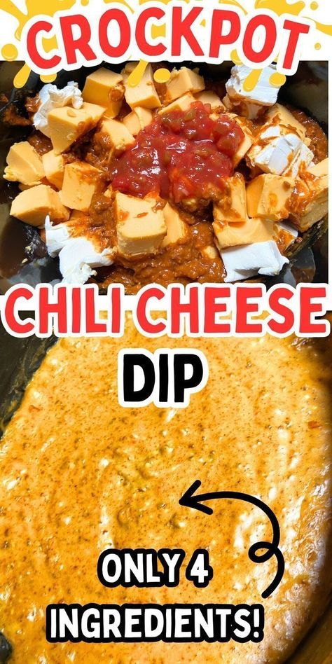 Let's kick off your summer party with crockpot chili cheese dip from Crock Pots and Flip Flops! It's a super easy 4-ingredient dip that you can prepare ahead of time and heat up in the crockpot. This slow cooker chili cheese dip features Velveeta, cream cheese, chili, and salsa. With just a handful of ingredients, you can whip it up in minutes for group parties, family gatherings, and any occasion that calls for delicious snacks! Crockpot Chili Cheese Dip, Easy Crockpot Dips, Chili Cheese Dip Crockpot, Cream Cheese Chili, Queso Dip Crockpot, Slow Cooker Dip Recipes, Chili Cheese Dip Recipes, Cheese Dip Crock Pot, Dip Recipes Crockpot