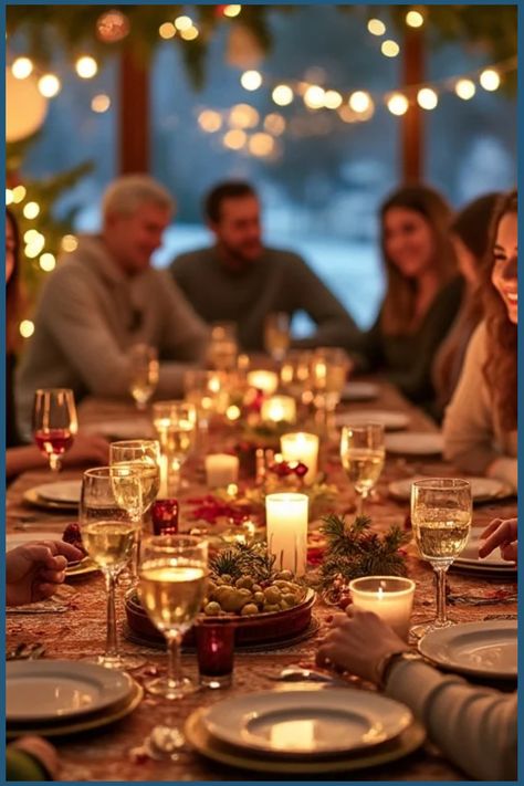 Family gathered around a festive dinner table with candles and holiday lights. Christian Ladies Christmas Party Ideas, Christian Christmas Party Themes, Bible Study Christmas, Ladies Christmas Party, Christmas Hosting, Christian Party, Church Christmas Party, Christmas Sunday School, Christmas Luncheon