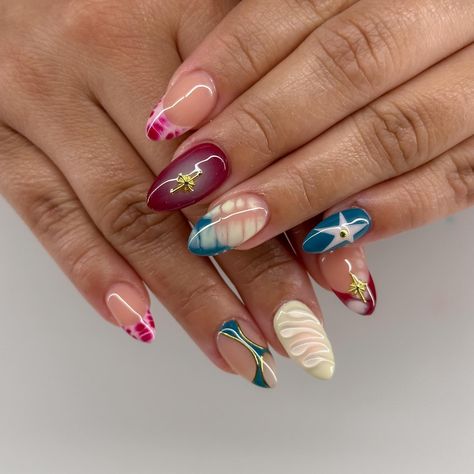 I could not tell you what the thumbs are bc I simply ~do not remember~ 😫😫 but still beautiful!!! Gel x full set: $67 Mix n match designs: $50 Total: $117 #nailsofinstagram #gelnails #chromenails #airbrushnails #3dnails #nailart #abstractnails #nailtech #nailideas #rednails #bluenails Nail Inspo Fun Design, Mix And Match Nails Summer, Mismatched Acrylic Nails, Gel Nails Designs 2024, Nails With Multiple Designs, 23 Nails Design, Gel X Full Set, Fun Gel X Nails, Mix Nails Designs