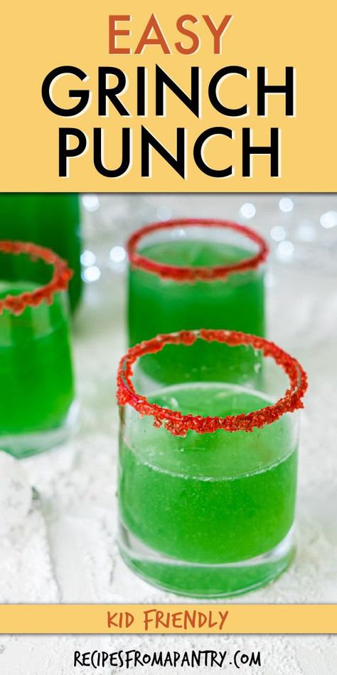 This colorful family-friendly Grinch Punch recipe is great for the festive season! All that's needed are just 6 ingredients & 5 minutes to make this fun Green Christmas punch for kids. It's so easy to make that the kids can even do it themselves! Plus you can prep this easy punch recipe in advance so perfect for entertaining. This is the holiday punch you'll be making all season long. Click to get this Non Alcoholic Punch Drink!! #punch #christmaspunch #holidaydrinkrecipes #drinks #grinch Grinch Punch Recipe For Kids No Sherbert, Grinch Punch Without Sherbert, Green Christmas Punch Nonalcoholic, Kid Friendly Grinch Punch, Christmas Party Drinks Kids, Kid Friendly Holiday Punch, Xmas Drinks For Kids, Grinch Christmas Punch, Kid Friendly Christmas Punch