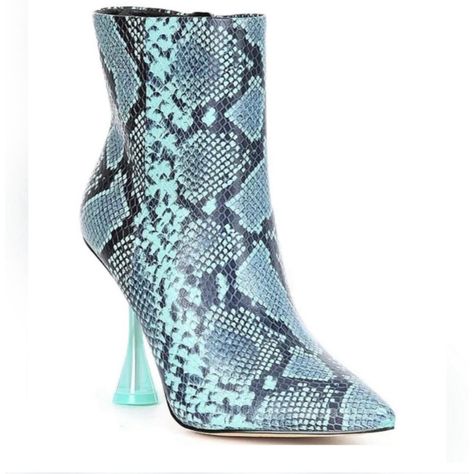 New Without Box. Heel Height- 3 1/2”. Shaft Height- 5”. Clear Heel Boots, Black Suede Booties, Gianni Bini Shoes, Clear Heels, Gianni Bini, Leather Booties, Printed Leather, Leather Ankle Boots, Snake Print