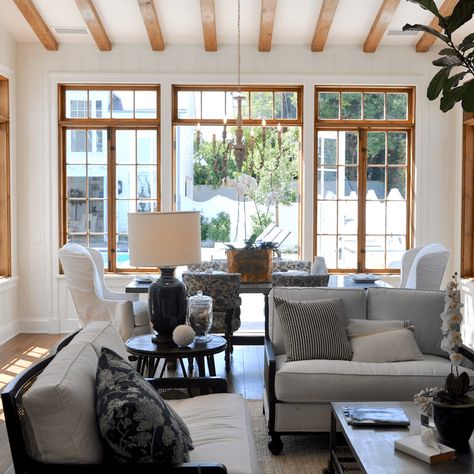 Room off the kitchen- maybe do PB table like this with covered host chairs... Wood Windows White Trim, Natural Wood Trim, Formal Living Room Designs, Interior Windows, Wood Windows, Wood Trim, Formal Living Rooms, Formal Living, White Trim