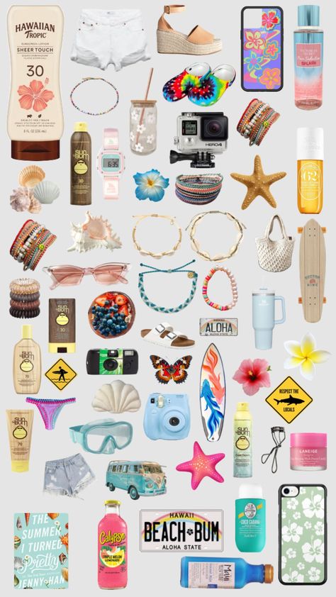 Summer Wishlist Ideas, Things To Buy For Summer, Summer Essentials Clothes, Summer Objects, Pogue Life Outfits, Summer Bag Essentials, Summer Gift Baskets, Surf Room Decor, Summer Needs