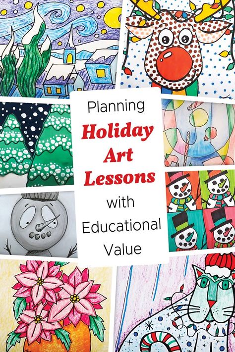 Holiday art lessons are always fun to plan. But I am also supposed to teach curriculum, standards, the elements and principles of design, and art history. It is possible to squeeze everything in and still keep the holiday spirit! Here is how I combined holiday festivity with educational value to create a collection of holiday art lesson plans. #holidayartlessons #holidayart // holiday art lessons // holiday art // holiday lessons Christmas Art Lessons Elementary, Elements And Principles Of Design, Advent Art, Holiday Art Projects, Winter Art Lesson, Elementary School Art, Art Education Lessons, Christmas Art Projects, Winter Art Projects