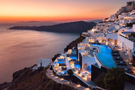 The Best Hotel in Greece Just Opened a Cocktail Bar and Restaurant With Unreal Sunset Views — See the Photos Imerovigli Santorini, Santorini Hotels, Greece Hotels, Italy Hotels, Romantic Hotel, Mykonos Greece, Luxury Boutique Hotel, Waterfront Property, Best Resorts