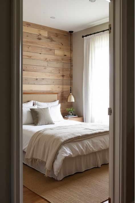 Cozy bedroom featuring rustic wooden plank wall behind bed Rustic Wood Walls Bedroom, Bedroom Ideas Wood Paneling, Shiplap Accent Wall Bedroom, Modern Farmhouse Accent Wall, Shiplap Wall Bedroom, Unique Accent Wall Ideas, Woodsy Farmhouse, Wood Bedroom Wall, Beadboard Half Wall