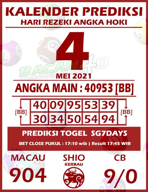 Kalender Prediksi Togel SG7DAYS 4 MEI 2021 [ Bacan4D ] Angka MAIN : 40953 Colok Bebas : 9/0 Macau : 904 Shio : Tikus ANGKA BB : 40 09 95 53 39 30 34 50 54 94 Salam Hoki Jackpot Bacan4D *Selalu Utamakan Prediksi Pribadi ya boss ku Silakan hubungi kami melalui livechat atau melalui social media berikut: Telegram : +6282385797191 LINE : prisca_chen WA : +6282385797191 #bacan4d #bacantoto #togelonline #prediksitogel #angkamaintogel #aitogel #ictoto #indochinatoto #ictogel 11 November, Macau, Casino Online, Google Play, Singapore, Casino, Social Media