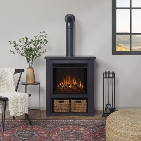 Hollis 32" Electric Fireplace by Real Flame Electric Wood Stoves, Electric Fireplace Stove Ideas, Freestanding Electric Fireplace Ideas, Electric Fireplace Ideas, Small Electric Fireplace, Black Electric Fireplace, Indoor Electric Fireplace, Fireplace Shelves, Fireplace Heater