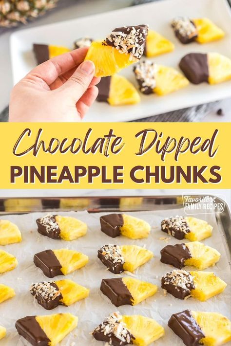 These Chocolate Dipped Pineapple Chunks make the best treat! Easy to make, and the best part is that you can customize your toppings and make it your own. I love to sprinkle toasted coconut onto my chocolate covered pineapple. You could also try flaky sea salt, crushed nuts, or drizzle white chocolate for a beautiful look and yummy taste! Pineapple Coconut Recipes, Chocolate Covered Pineapple Chunks, Candied Pineapple Recipes, Pool Party Desserts, Chocolate Dipped Pineapple, Pineapple Chocolate, Chocolate Covered Pineapple, Pineapple Candy, Chocolate Goodies