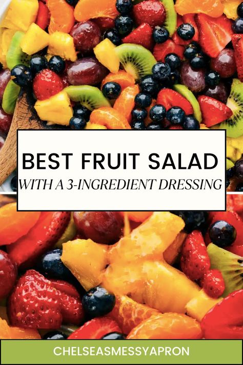 This easy Fruit Salad combines a mix of freshly chopped fruits, all tossed in an easy-to-make, three-ingredient fruity dressing. Perfect for potlucks, summer parties, or as a side dish to any meal! #sidedish #best #quick #easy #simple #fresh #fruitsalad Fruit Salad Side Dish, Fruit Salad For Party Summer, Fruit And Veggie Salad Recipes, Recipes For Fruit Salad, Fruit Salads Healthy, Brunch Fruit Salad Recipes, Best Summer Fruit Salad, Fruit Salad For 50 People, Easy Healthy Fruit Salad