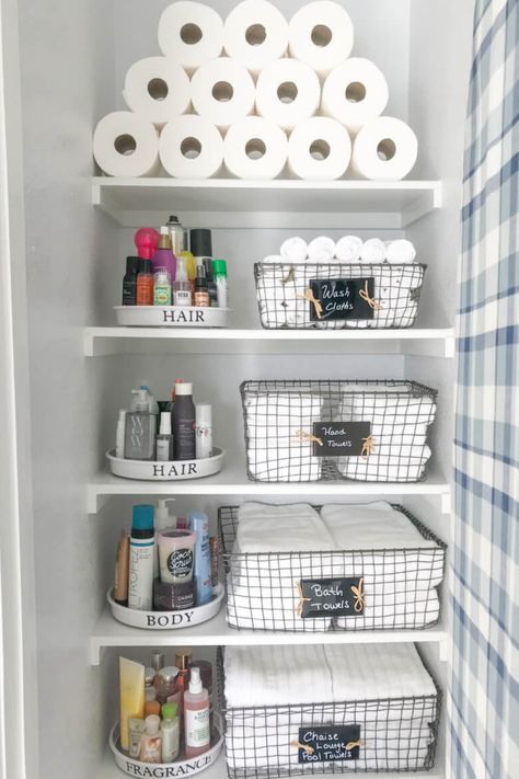 A neat and fresh, white linen closet Bathroom Closet Organization, Ikea Desk Hack, Glam Bathroom, House Organisation, Linen Closet Organization, Future Apartment Decor, Bathroom Closet, Apartment Organization, Bathroom Decor Apartment